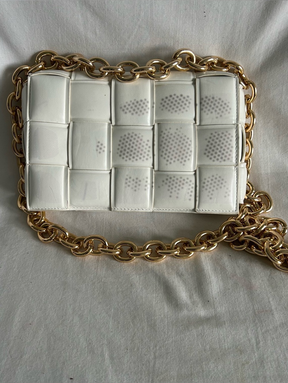 White Woven Padded Crossbody Bag Purse Chunky Gold Chain Vegan